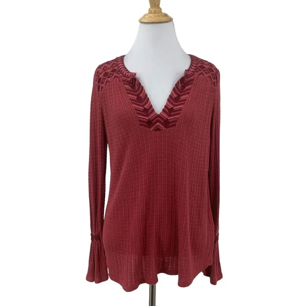 Lucky Brand Drop Needle Sweater Womens M Medium Rosy Embroidered Linen Blend